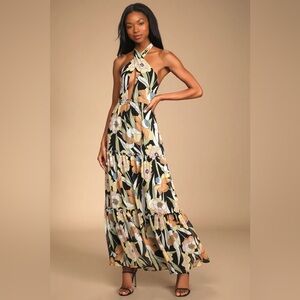 Lulus In Vacay Mode Black Floral Print Halter Tiered Maxi Dress